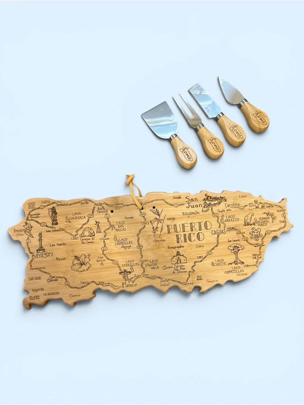 Puerto Rico Bamboo 10 Piece Cheese Board Set w/ Utensils and Coaster Set NEW